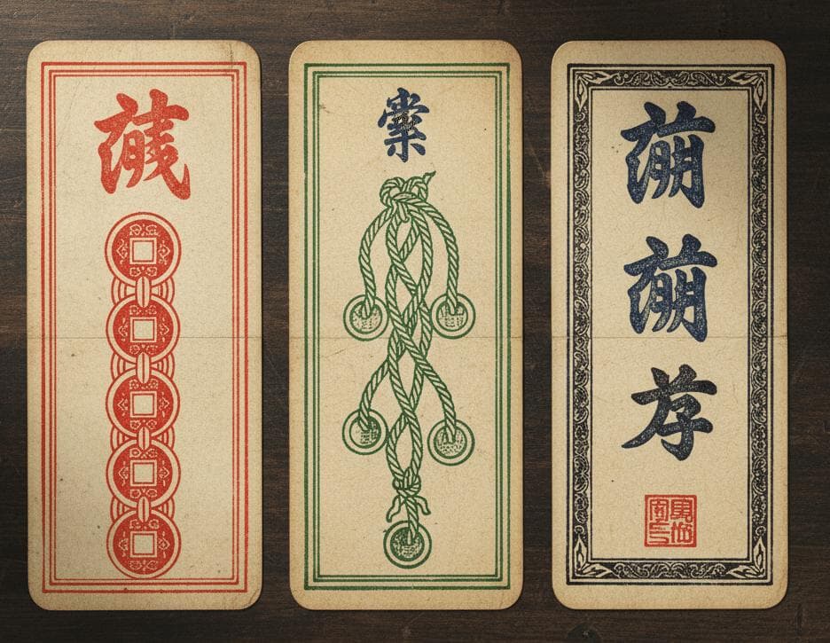 Três cartas decorativas com caracteres chineses